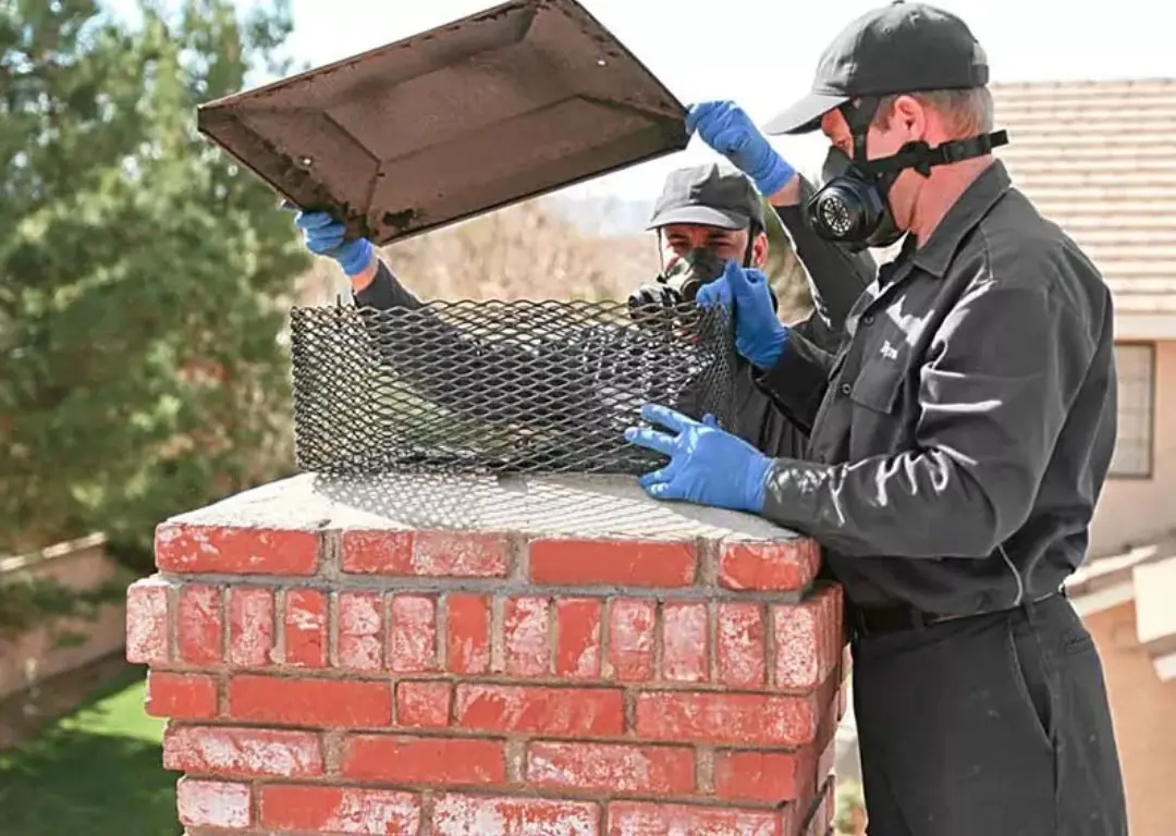 a sturdy metal chimney cap adorned with a tight mesh screen, effectively keeping out squirrels, birds, and raccoons. The dark metallic hue contrasts against a clear blue sky backdrop.